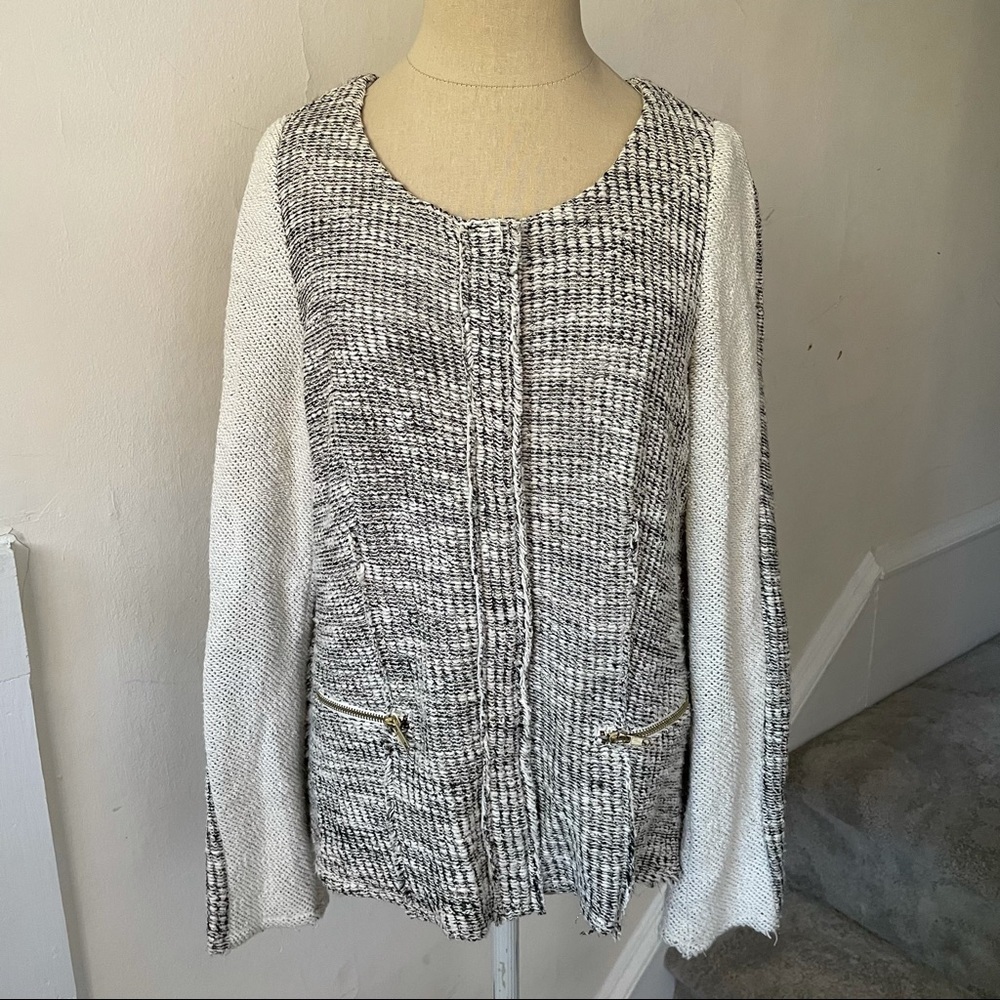 Anthropologie Cartonnier Black Cream Metallic Tweed Moto Blazer Jacket EUC Sz L